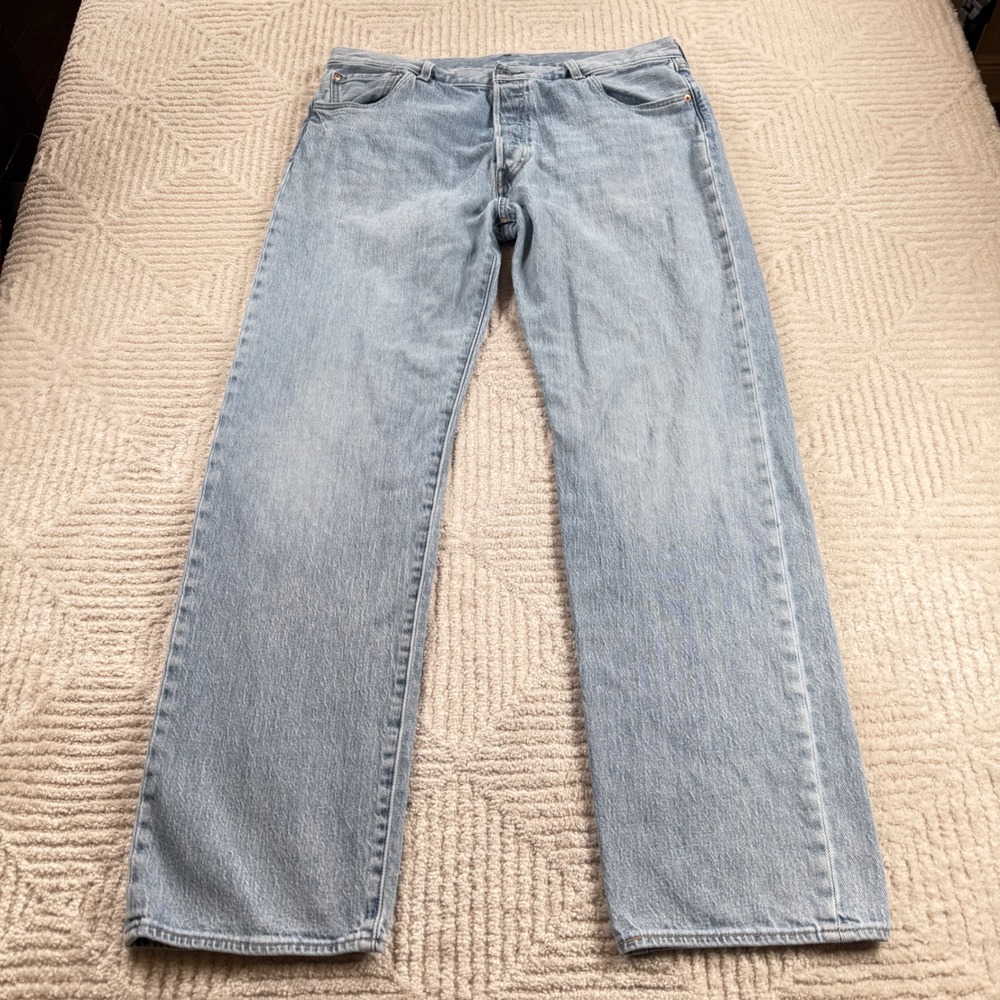 Levis Premium 501 93 Straight Jeans Mens 36x34 Light Wash Blue Denim Retro Big E